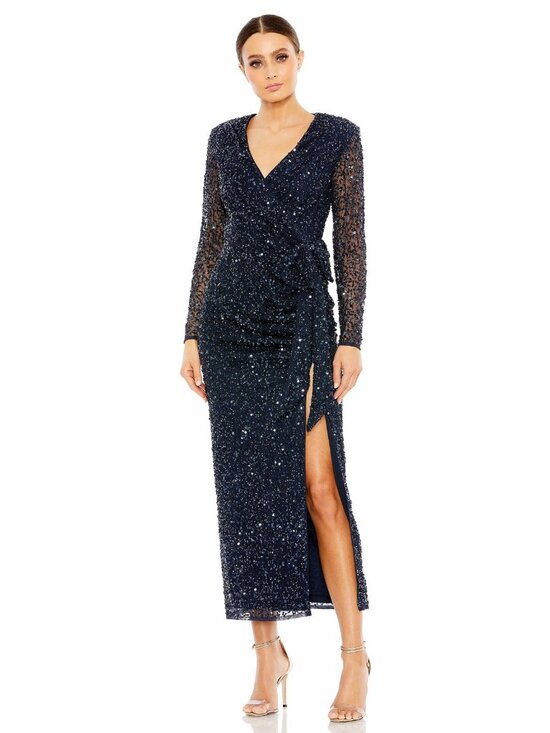 Mac Duggal Dresses & Skirts - Mac Duggal Size 2 Navy 10558 Sequined Wrap Bow Cocktail Midi Long Sleeve Dress